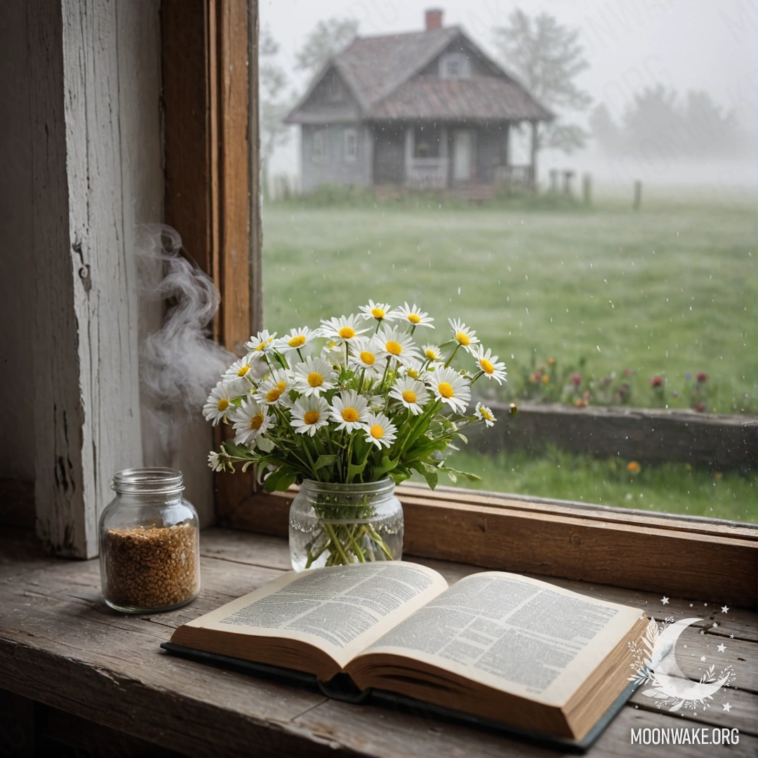 A shabby wooden windowsill with a jar of daisies and an open book in the fog