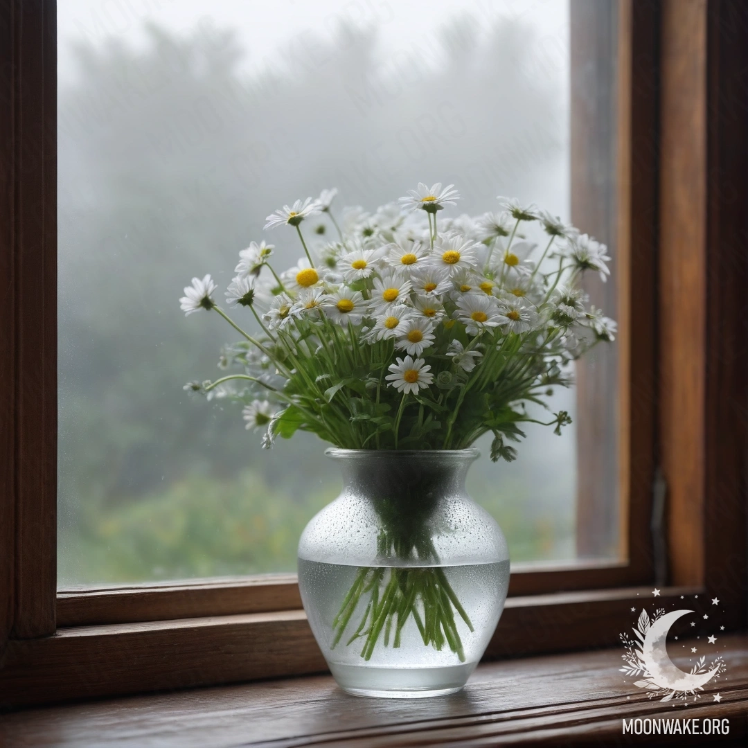 A glass vase filled with daisies on a wooden windowsill shrouded in dense fog.