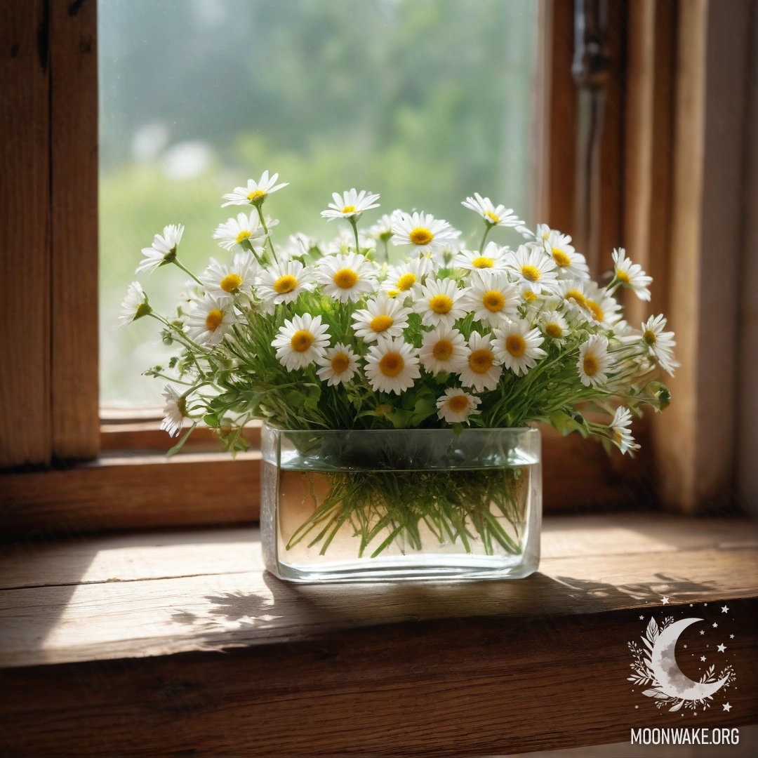 A glass vase with daisies sits on a vintage wooden windowsill, adorned with a glowing garland.