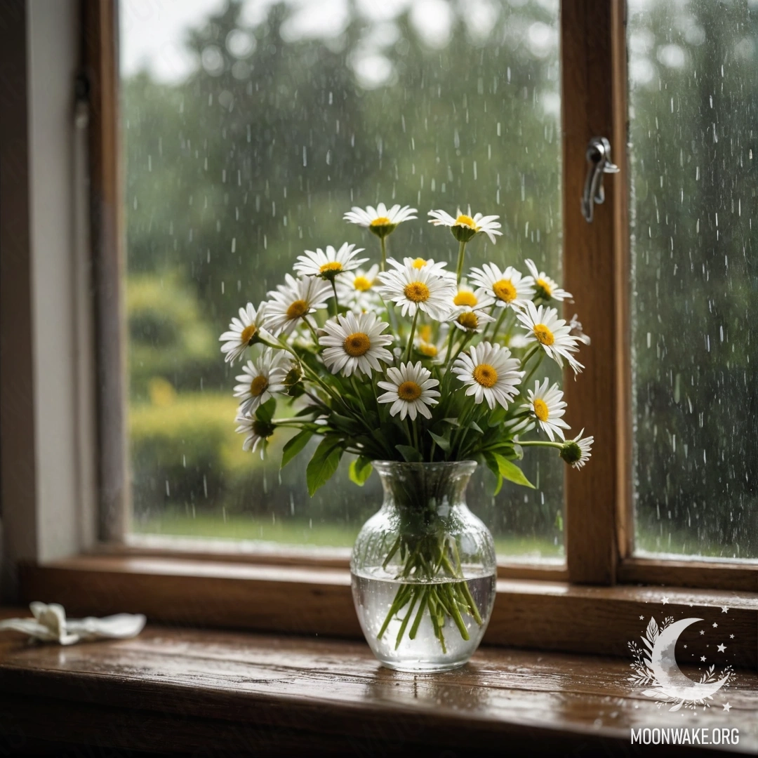 A glass vase with daisies sitting on a wooden windowsill, seen during rain.