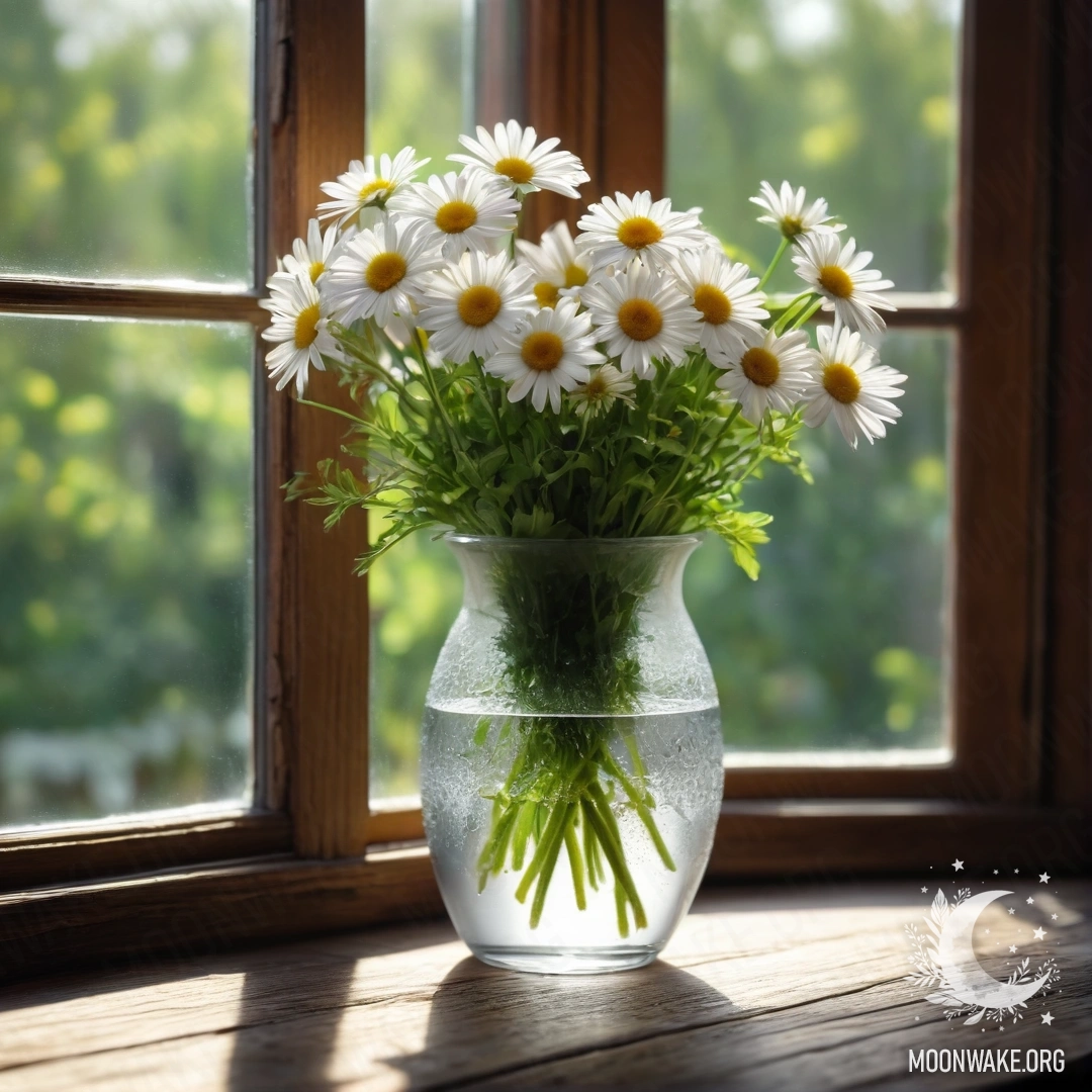 A glass vase with daisies on a wooden vintage windowsill, illuminated by sun rays.