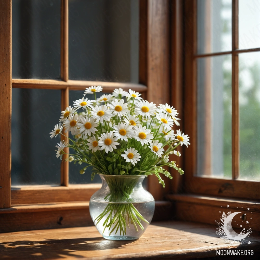 A glass vase holding daisies sits on a vintage wooden windowsill, illuminated by sunlight.