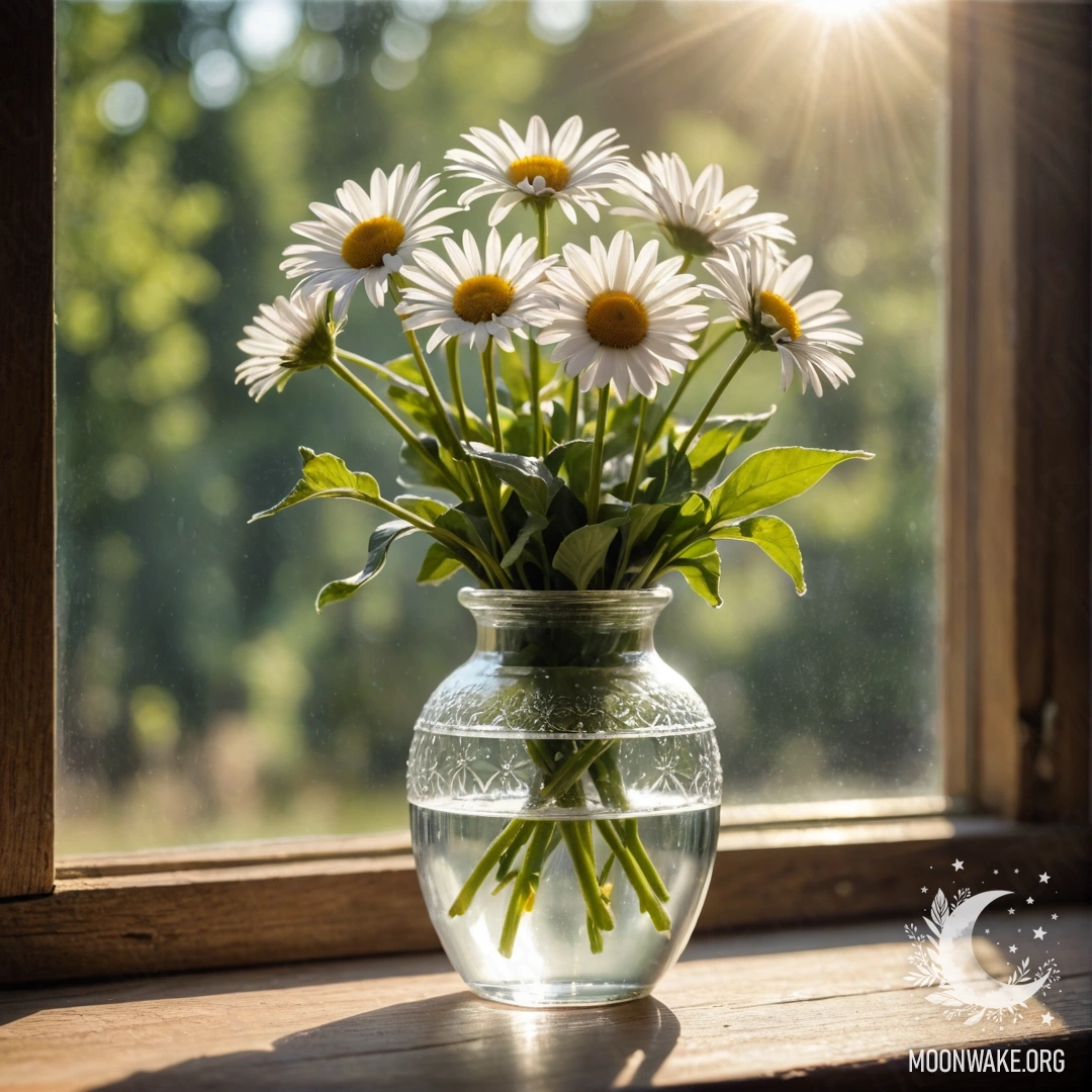 A glass vase filled with daisies placed on a wooden vintage windowsill with sun rays gently illuminating the scene.