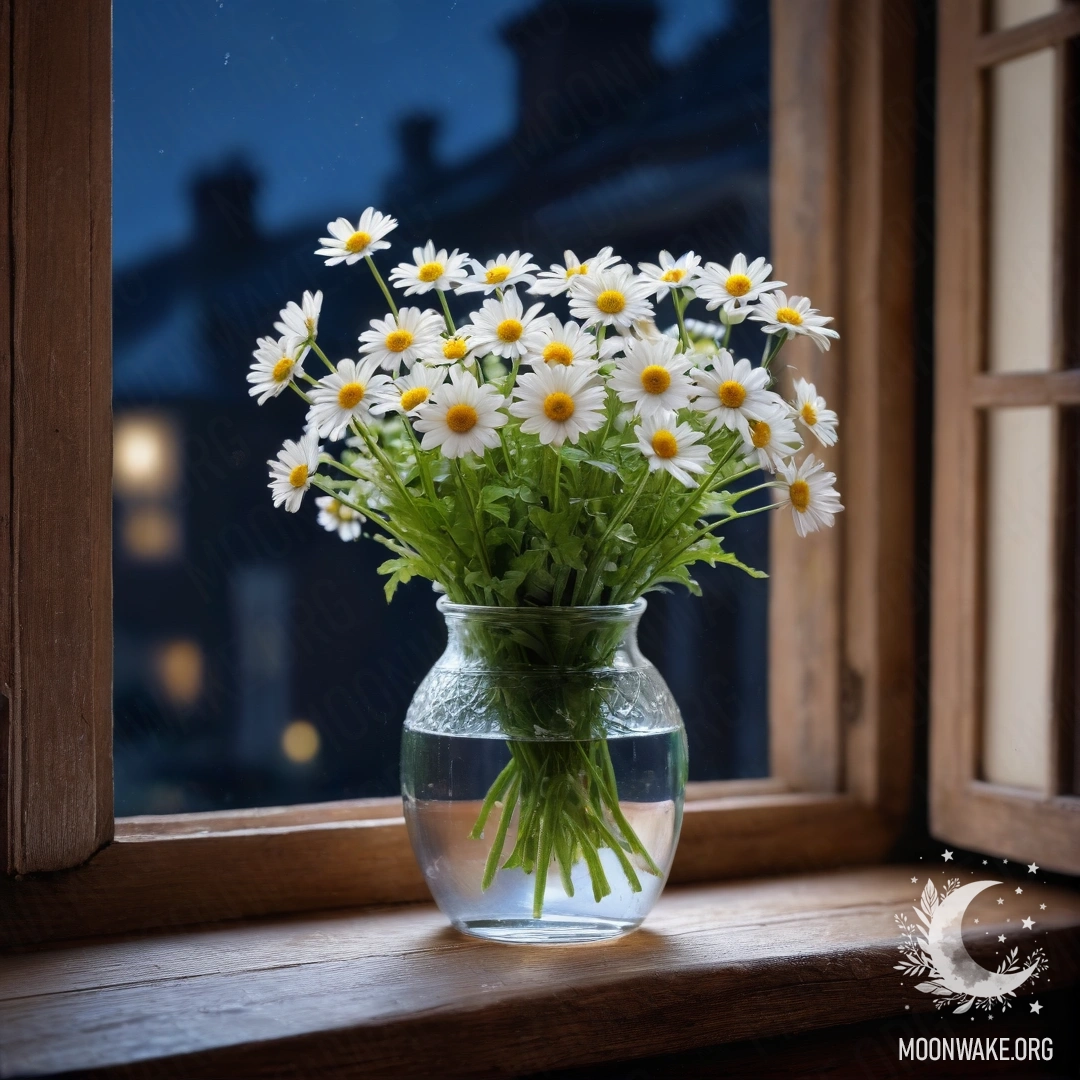 A glass vase filled with daisies resting on a wooden vintage windowsill at night.