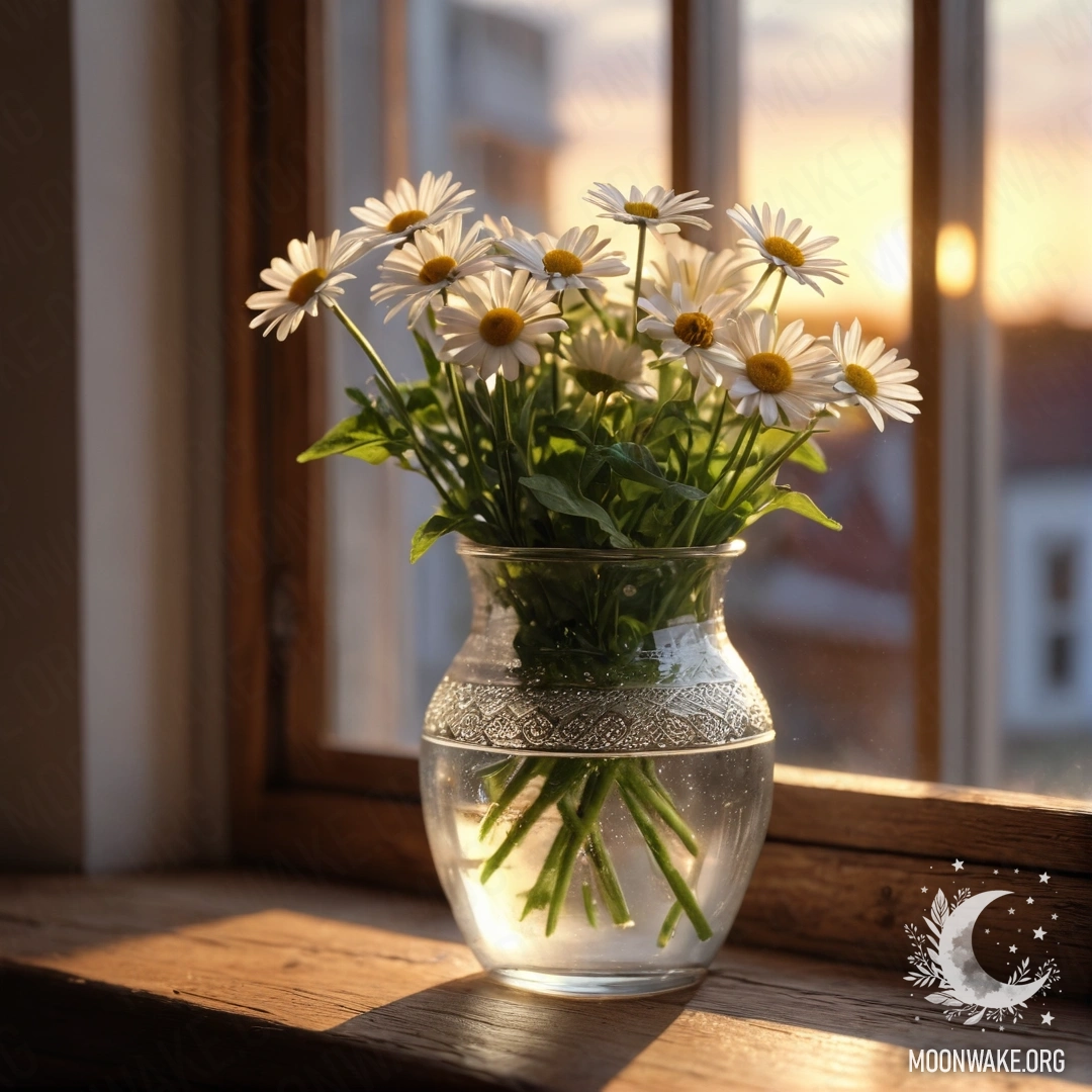 A glass vase containing daisies sits on a vintage wooden windowsill during sunset.