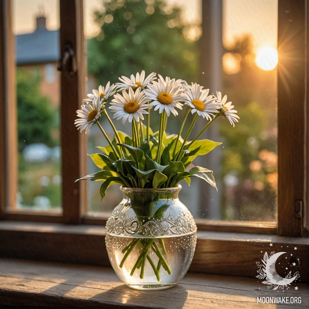 A glass vase with daisies placed on a vintage wooden windowsill during sunset.