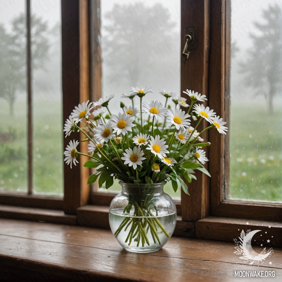 A glass vase with daisies on a wooden vintage windowsill surrounded by dense mist.