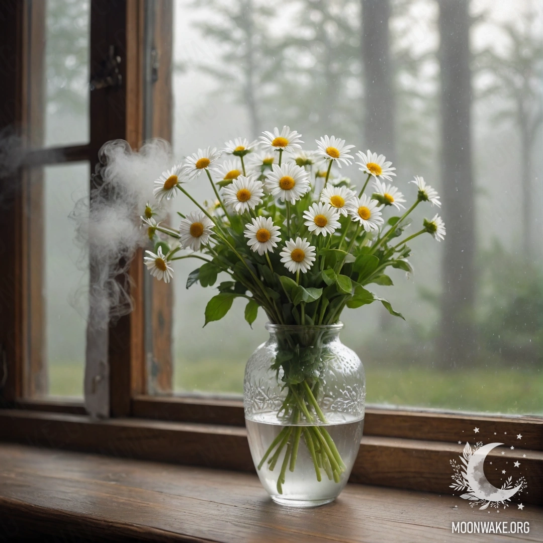 A glass vase with daisies sitting on a vintage wooden windowsill surrounded by dense fog.