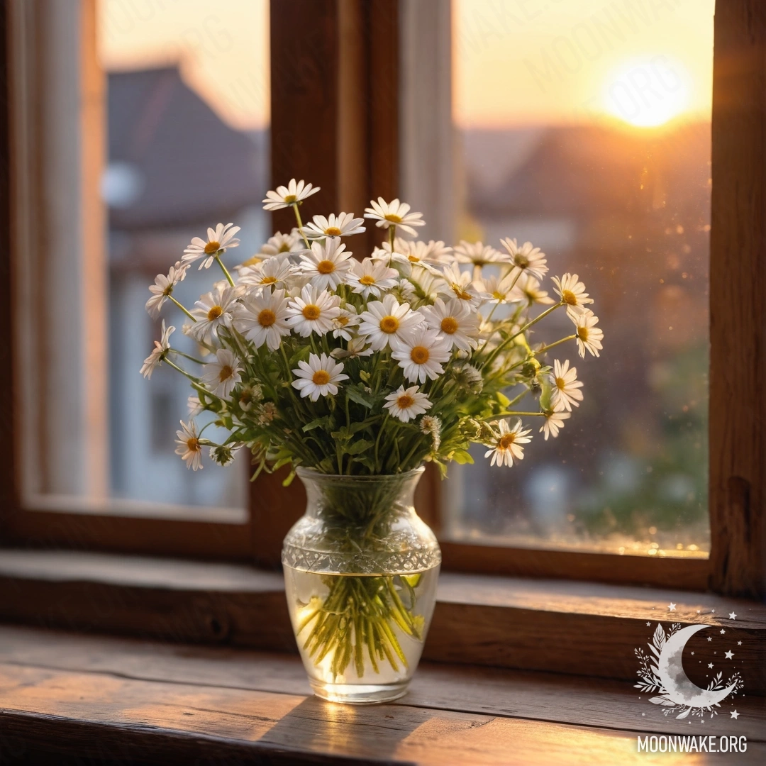 A glass vase with daisies placed on a wooden vintage windowsill during sunset.