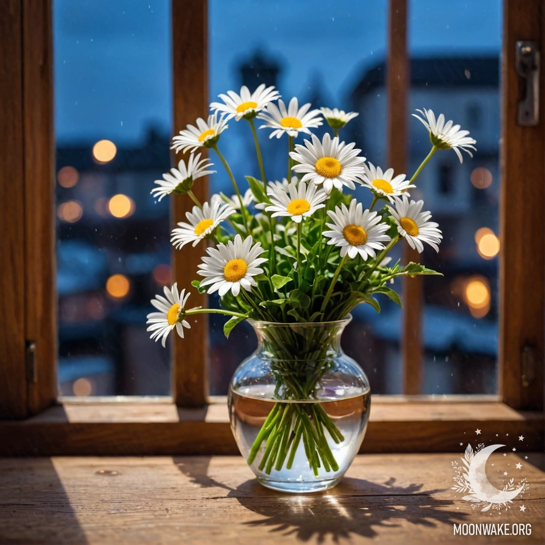 A glass vase filled with daisies sitting on a wooden windowsill at night.
