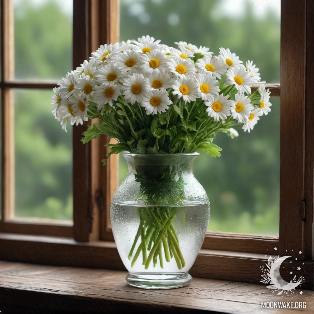 A glass vase with daisies sitting on an antique wooden windowsill.