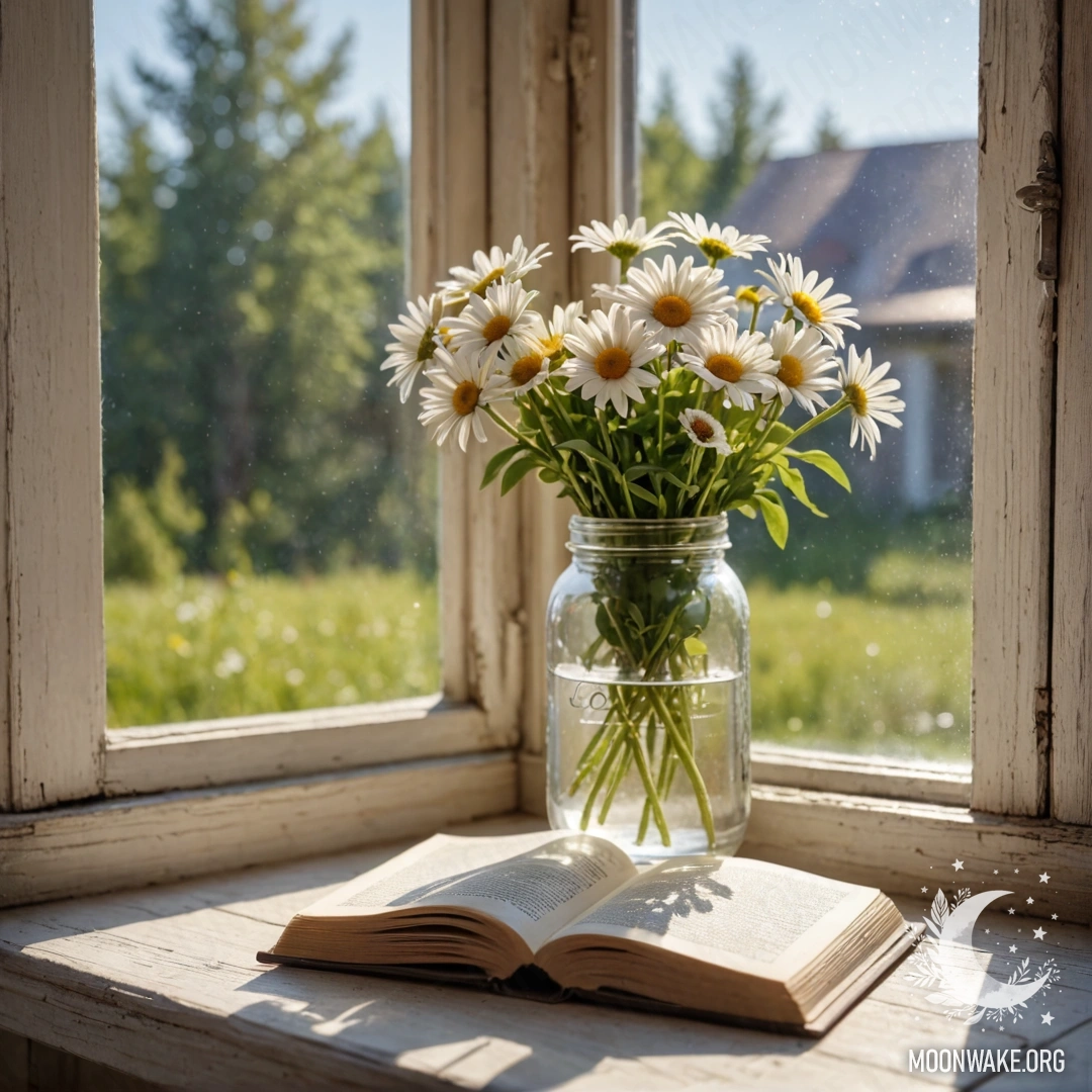 A shabby wooden windowsill with a jar of daisies and an open book bathed in sunlight.
