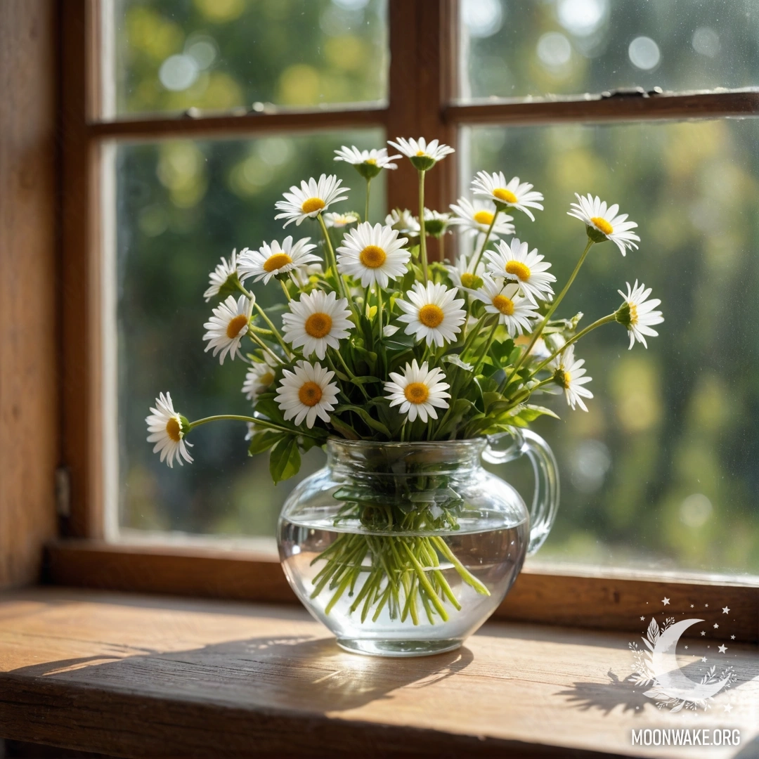 A glass vase filled with daisies on a vintage wooden windowsill illuminated by garland lights.