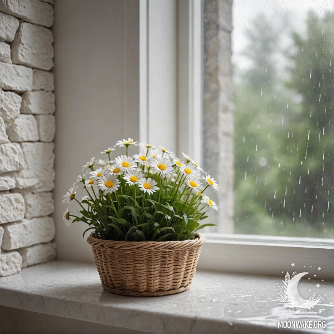 A basket of daisies on a windowsill beside an open window with rain falling.