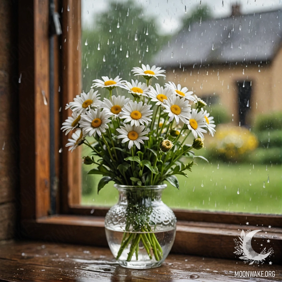 A glass vase with daisies sits on a vintage wooden windowsill, rain falling outside.