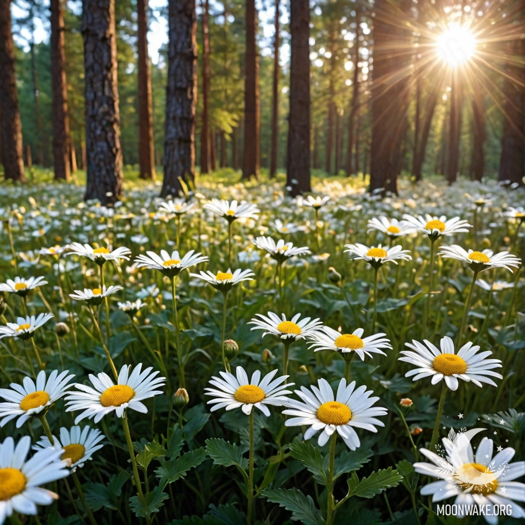 Daisies and Sunset Glow in the Forest Close-up of daisies illuminated by sunset rays in a forest.