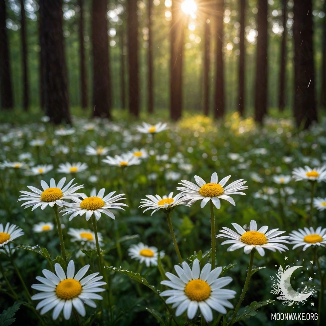 Daisies Under Rain with Sunset Light Close-up of daisies glistening under the rain, with trees and sunset light filtering through in the background.