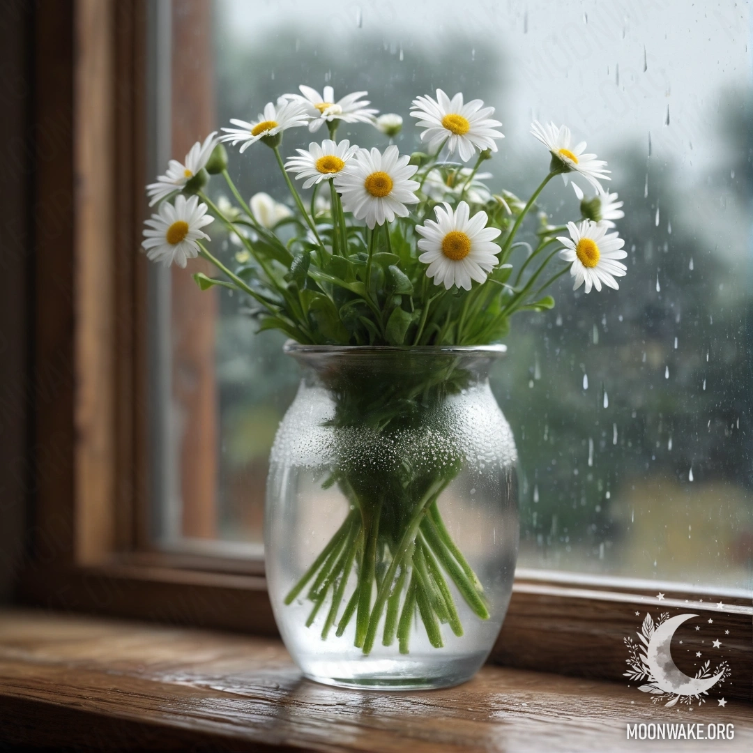 A glass vase with daisies on a wooden vintage windowsill, with rain falling.