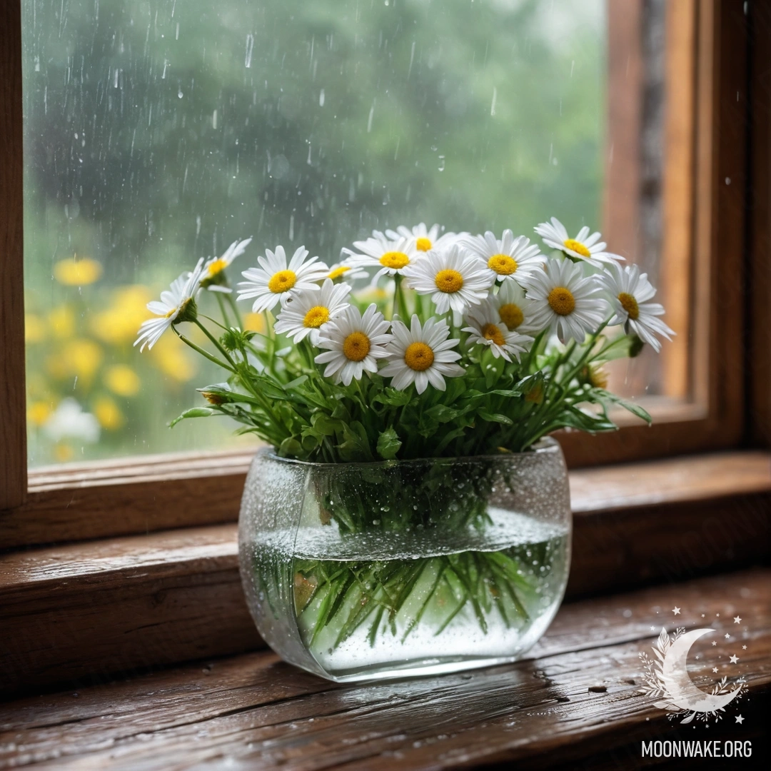 A glass vase filled with daisies sits on a vintage wooden windowsill, rain falling softly around it.