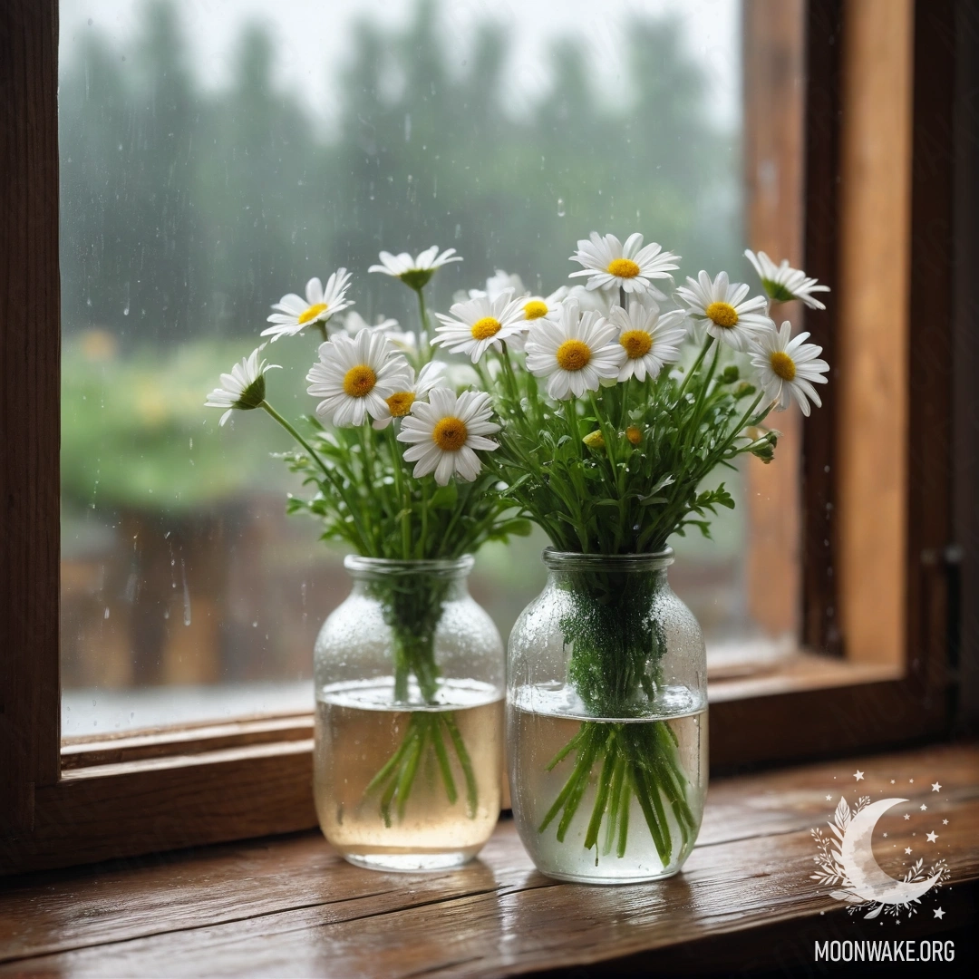 A glass vase with daisies sitting on a wooden vintage windowsill amidst the rain.