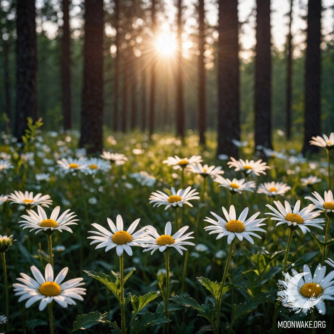 Daisies Under the Sunset A close-up of daisies illuminated by the sunset filtering through trees in a forest.