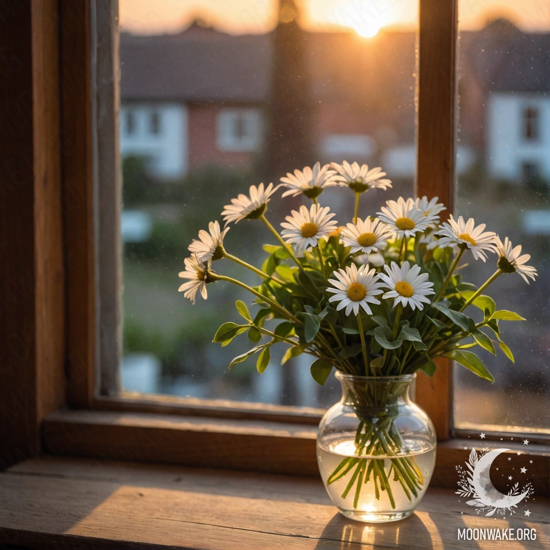 A glass vase filled with daisies placed on a wooden vintage windowsill at sunset.