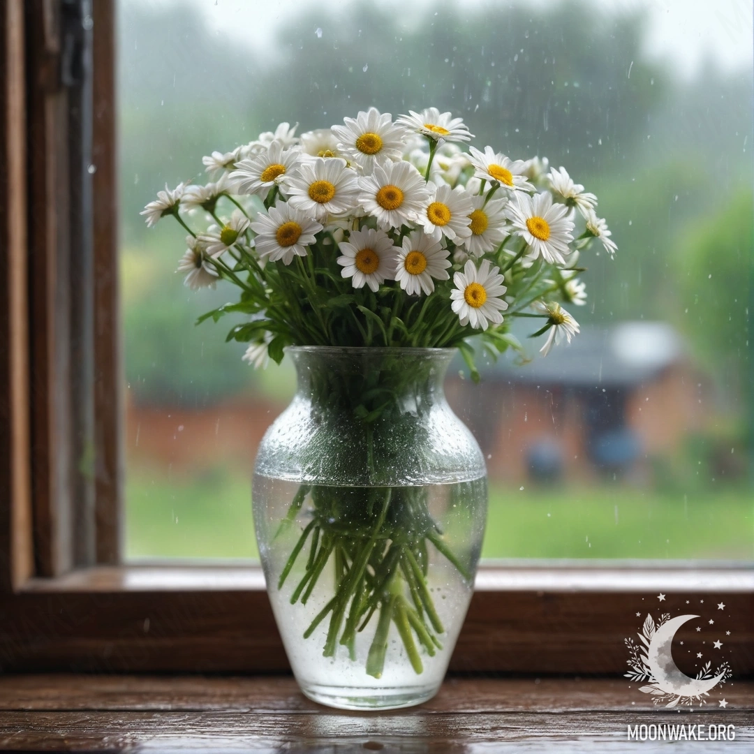 A glass vase with daisies sitting on a wooden windowsill, rain falling outside.