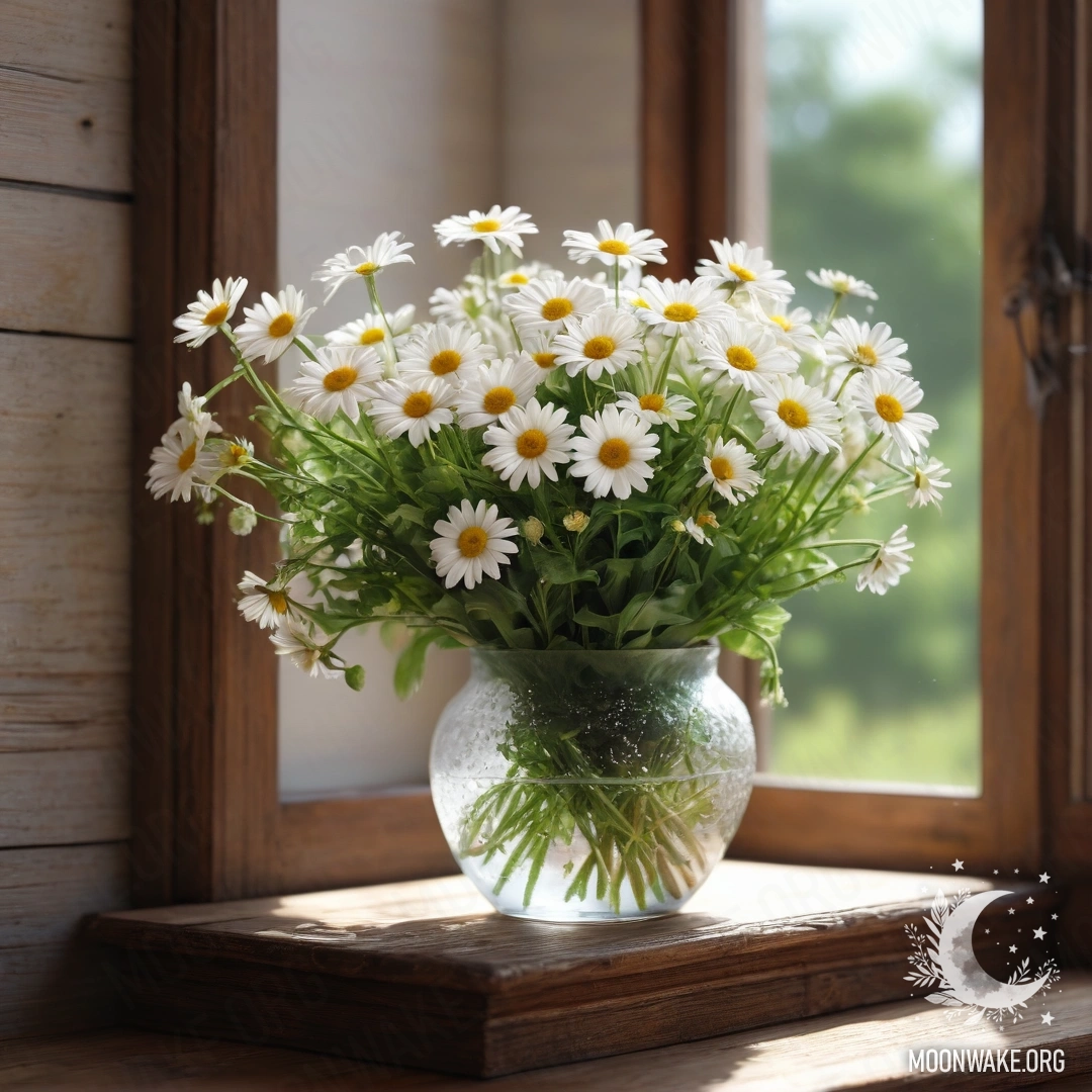 Daisies in a Vintage Glass Vase A glass vase filled with daisies on a wooden vintage windowsill, illuminated by soft garland lights.