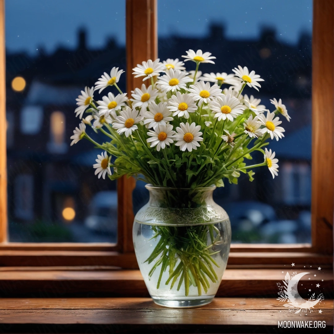 A glass vase with white daisies on a wooden windowsill at night.