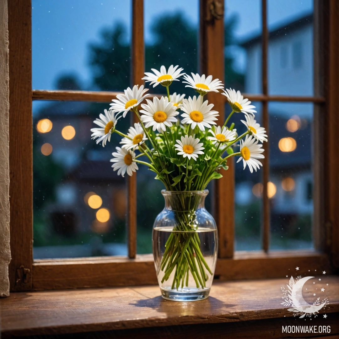 A glass vase with daisies sitting on a wooden vintage windowsill at night.
