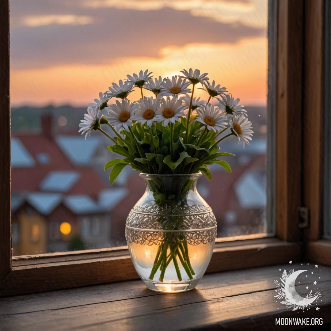 A photorealistic image of a glass vase with daisies on a wooden vintage windowsill during sunset.