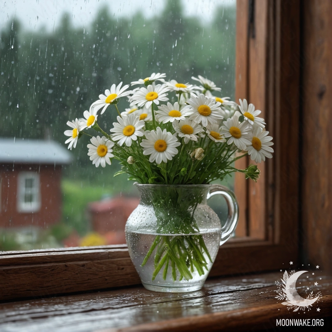 A photorealistic image of a glass vase with daisies on a wooden windowsill, rain drops falling outside.