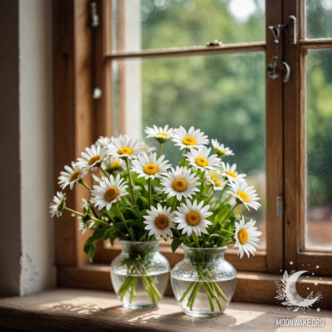 A glass vase with daisies placed on a rustic wooden windowsill.