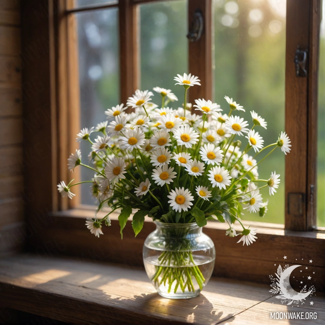 A glass vase filled with daisies sits on a vintage wooden windowsill, adorned with a soft glow of garland lights.