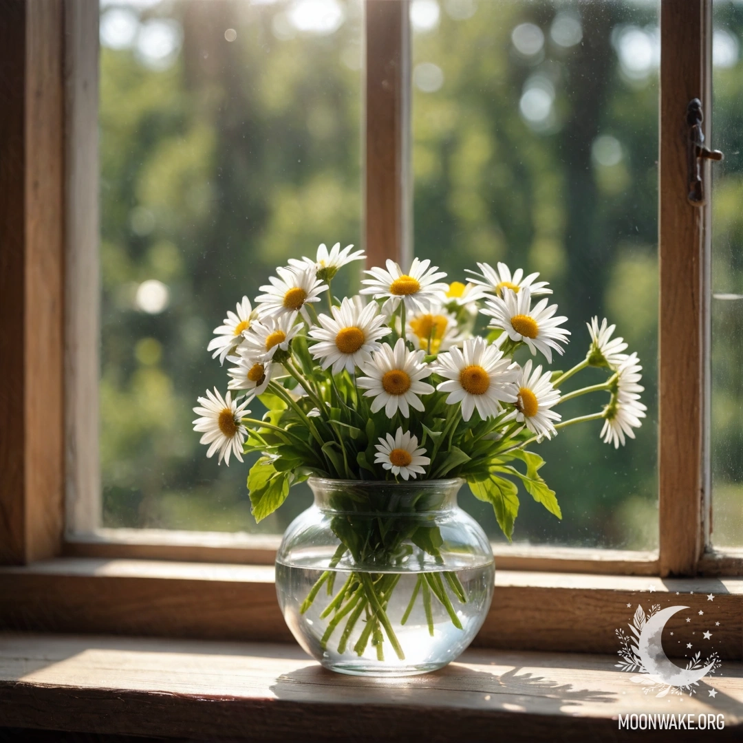 A glass vase with daisies placed on a vintage wooden windowsill.