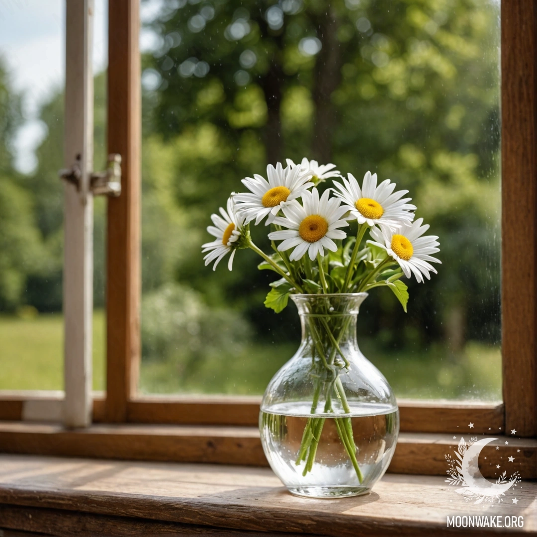 A glass vase filled with daisies sitting on a wooden windowsill.