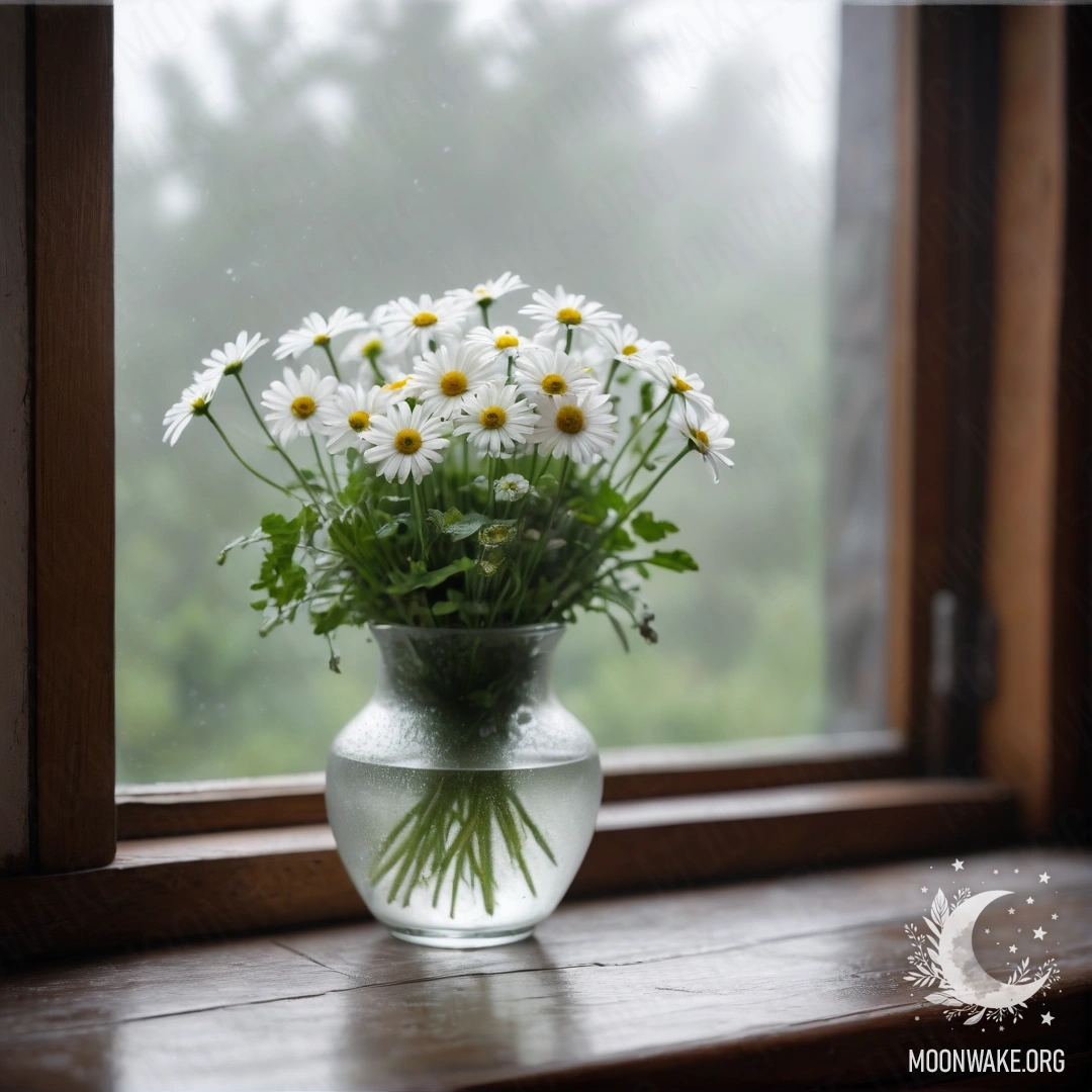 A glass vase with daisies placed on a vintage wooden windowsill shrouded in heavy fog.