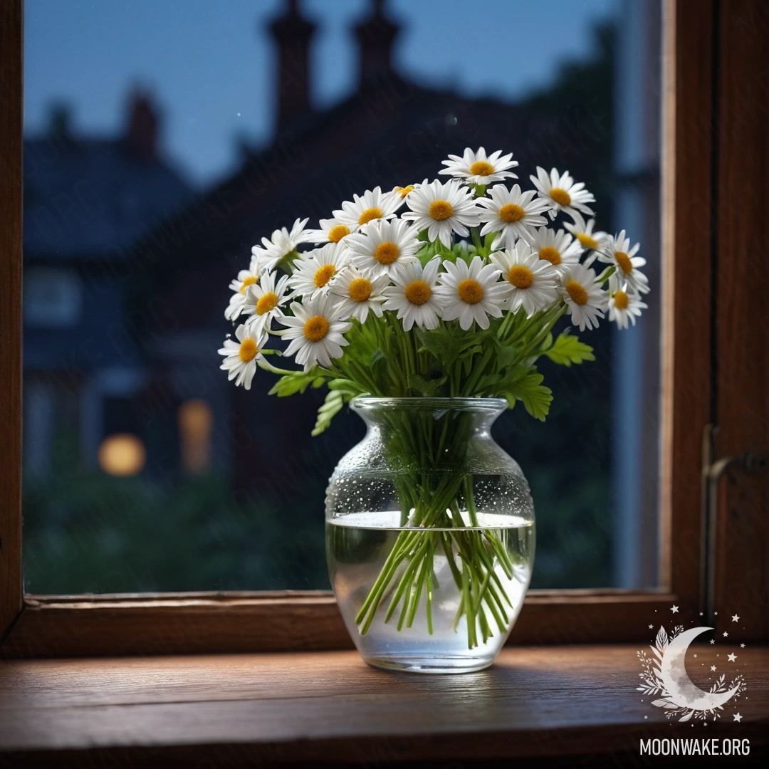 A glass vase filled with daisies placed on a wooden vintage windowsill at night.