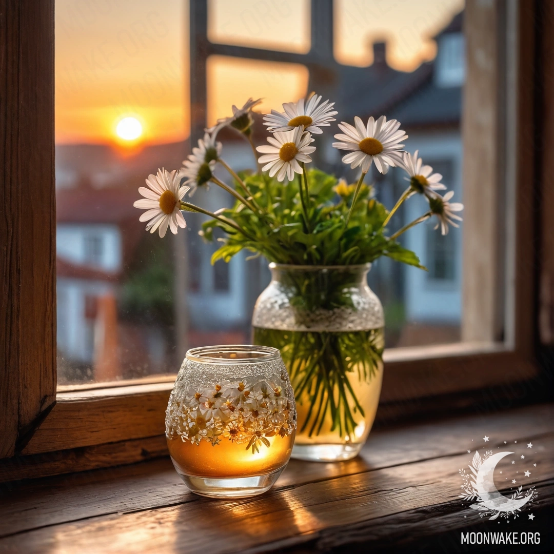 A glass vase filled with daisies sits on a wooden vintage windowsill during sunset.