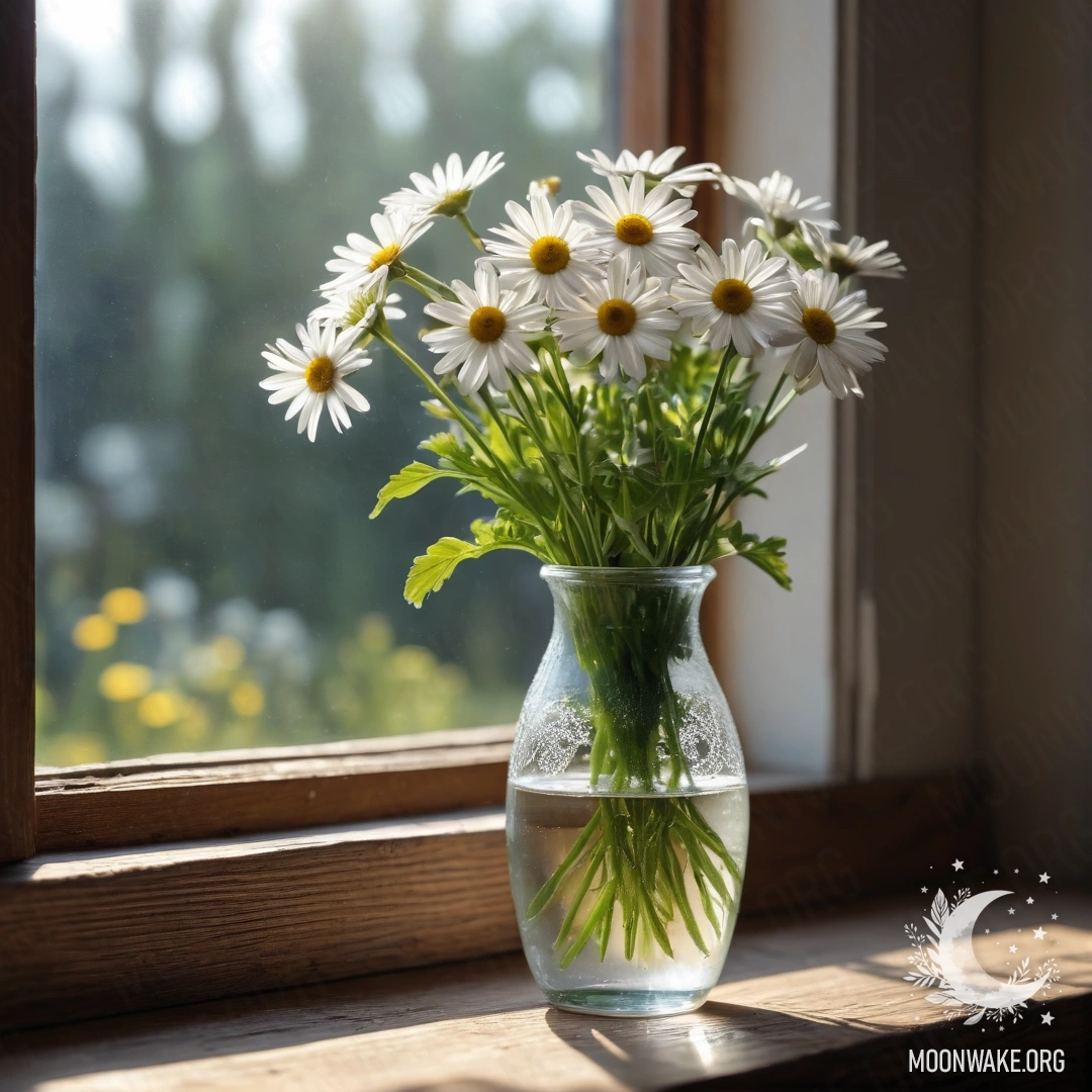A glass vase filled with daisies sits on a vintage wooden windowsill, illuminated by sun rays.