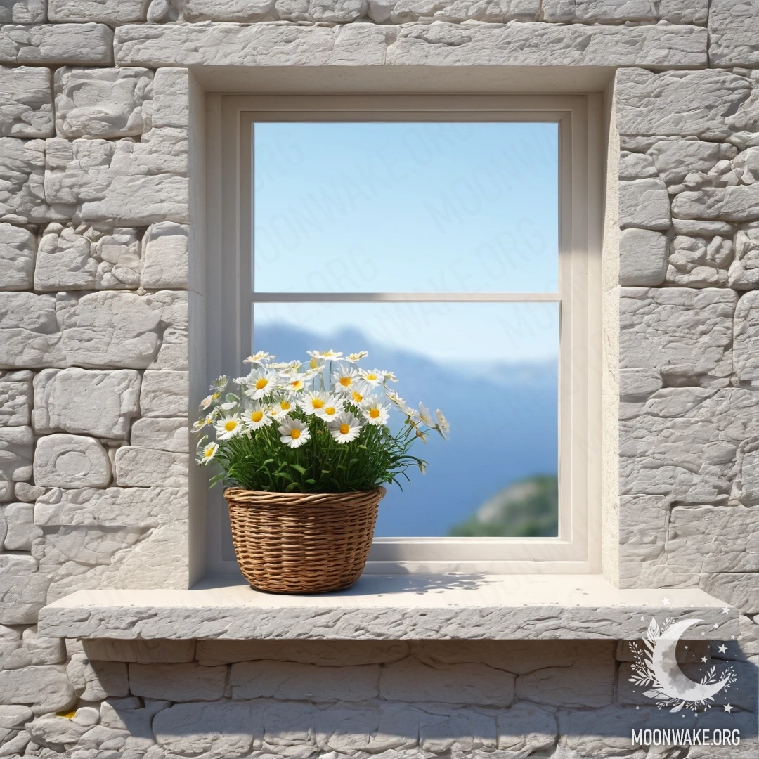 A basket filled with daisies on a windowsill beside an open window in front of a white stone wall.