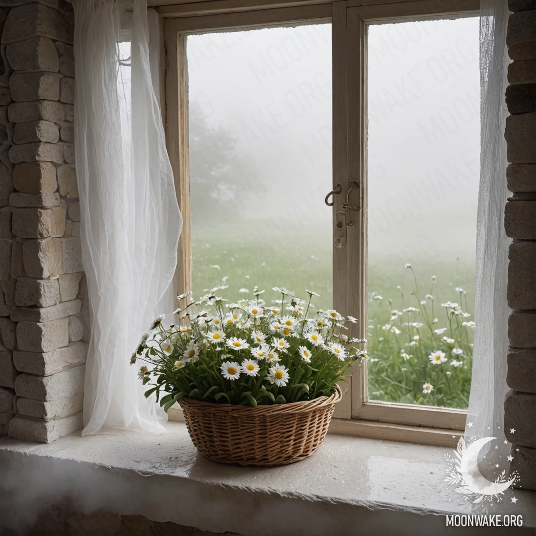 A white stone wall with an open window and a basket of daisies on the windowsill, enveloped in heavy fog.