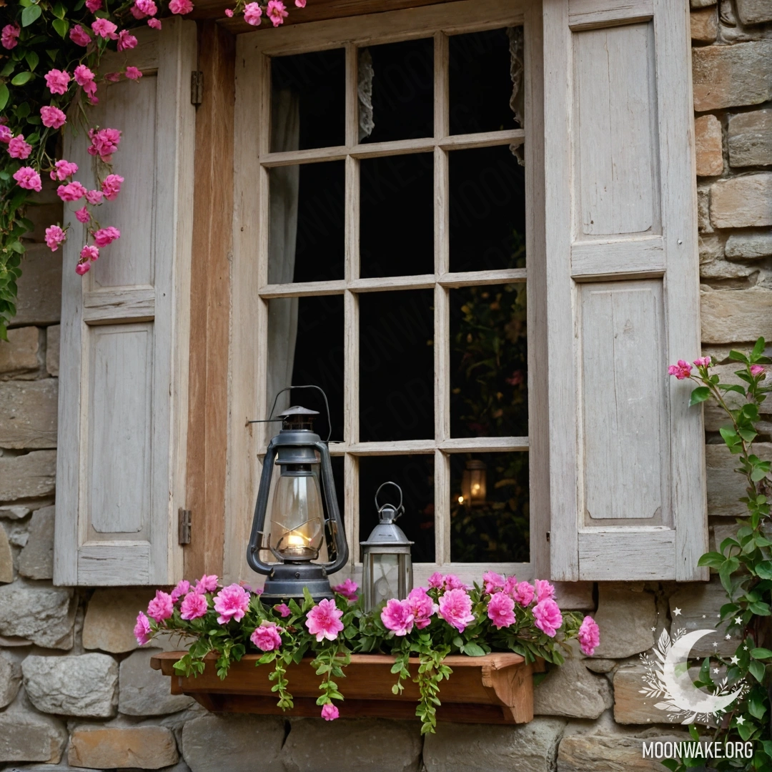 A photorealistic depiction of a shabby wooden windowsill with a jar of daisies and an open book on a rainy day.