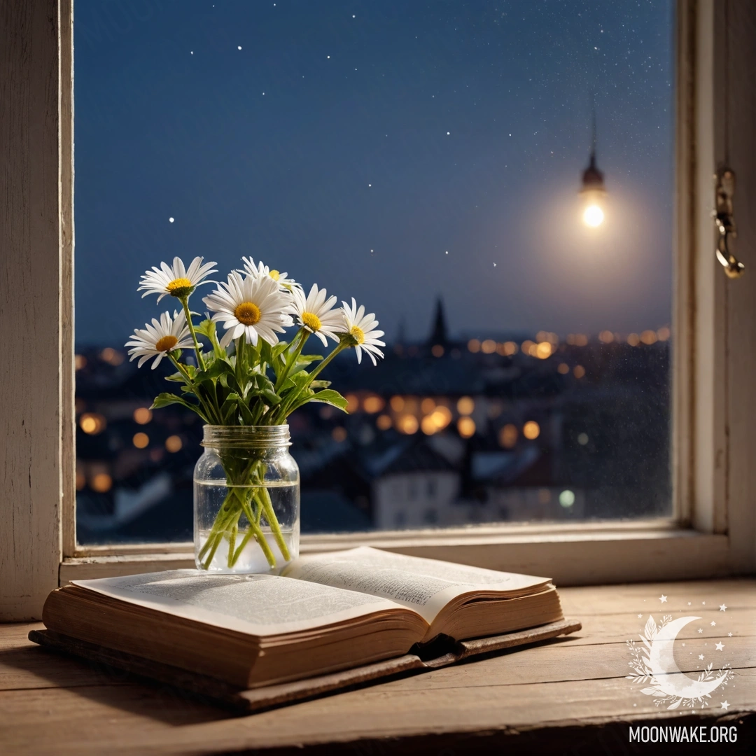 A shabby wooden windowsill with a jar of daisies and an open book at night.