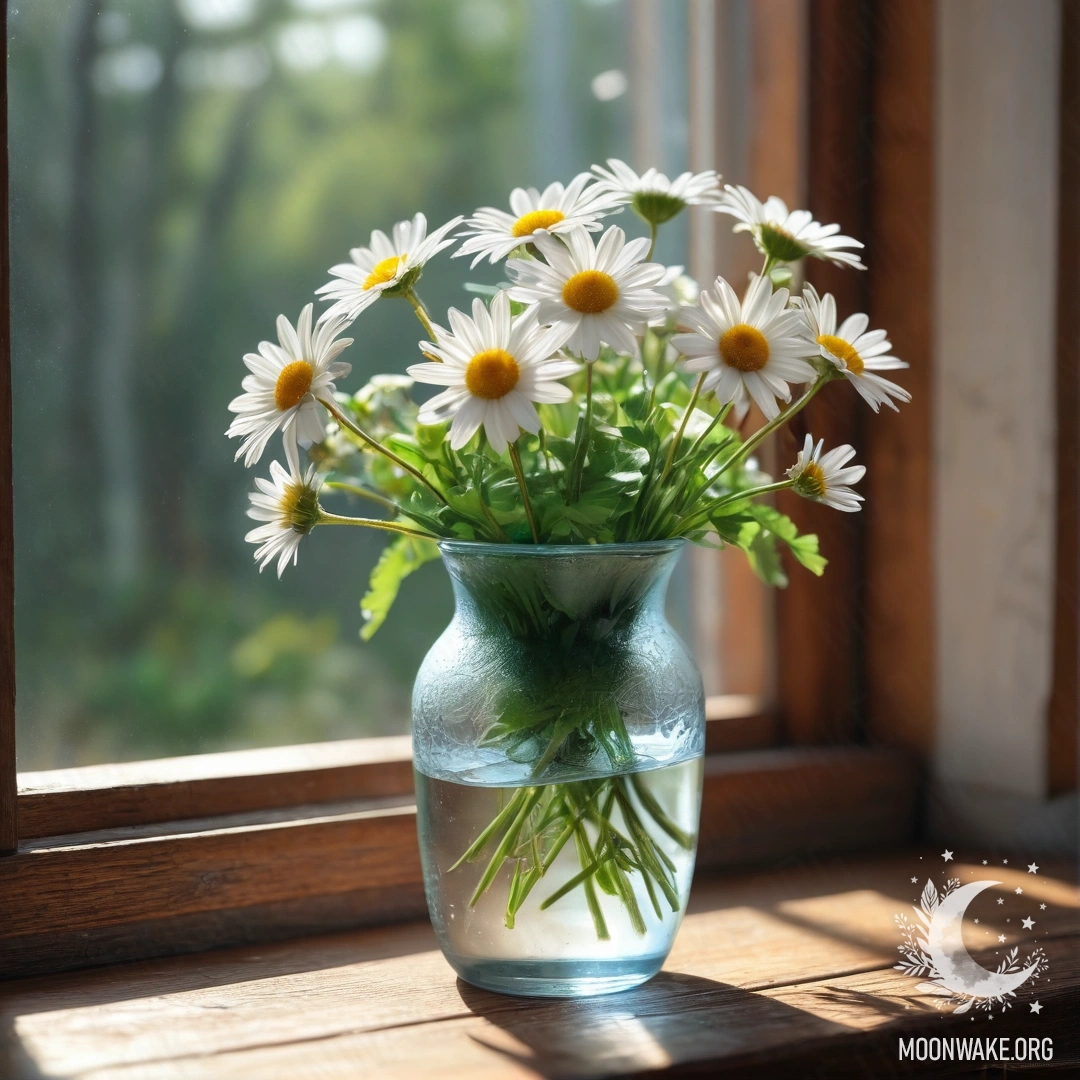 Daisy Dreams on a Vintage Windowsill A glass vase with daisies placed on a wooden vintage windowsill, bathed in sunlight.