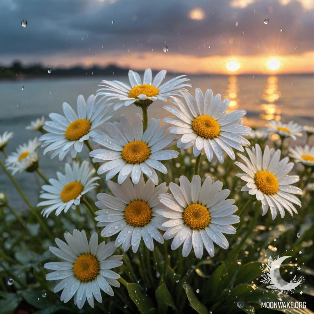 A beautiful daisy drenched in rain, illuminated by the sunset.