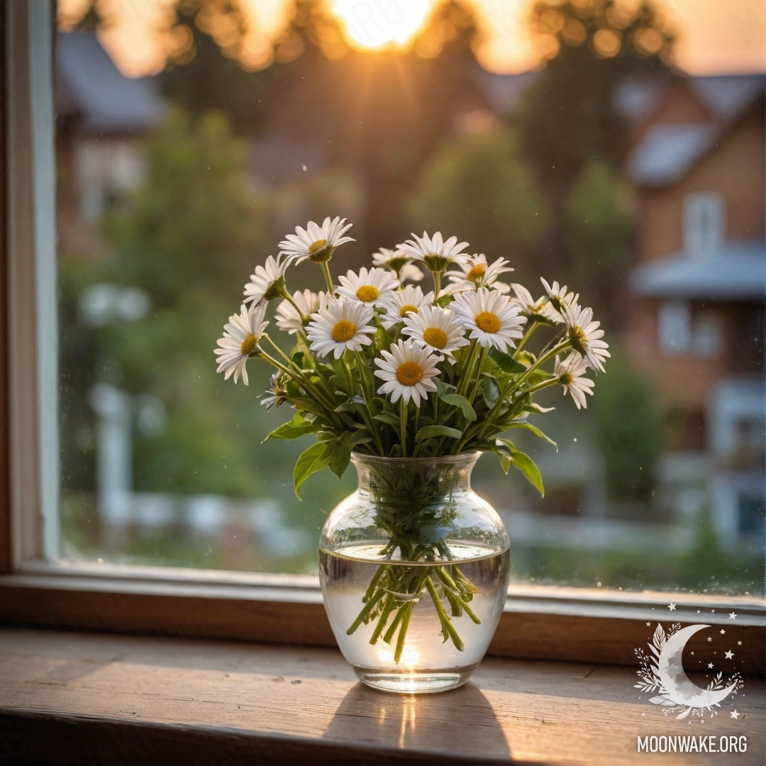 A glass vase filled with daisies placed on a vintage wooden windowsill during sunset.