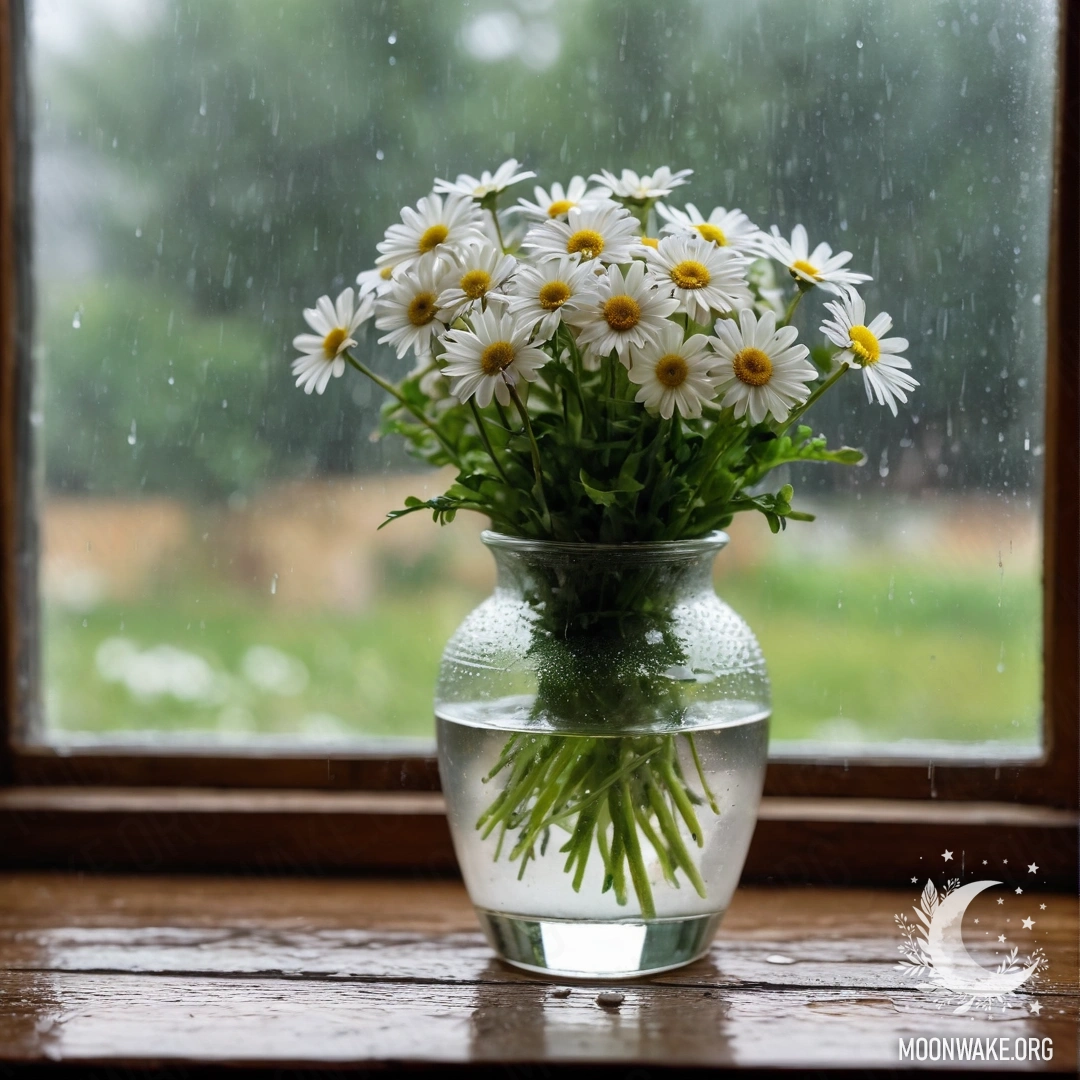 A glass vase filled with daisies placed on a wooden vintage windowsill, surrounded by rain.