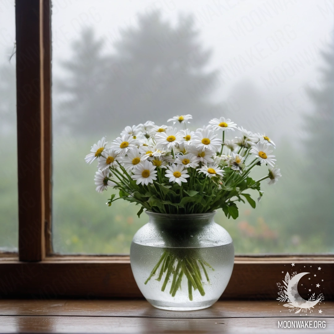 A glass vase filled with daisies placed on a wooden vintage windowsill surrounded by dense mist.