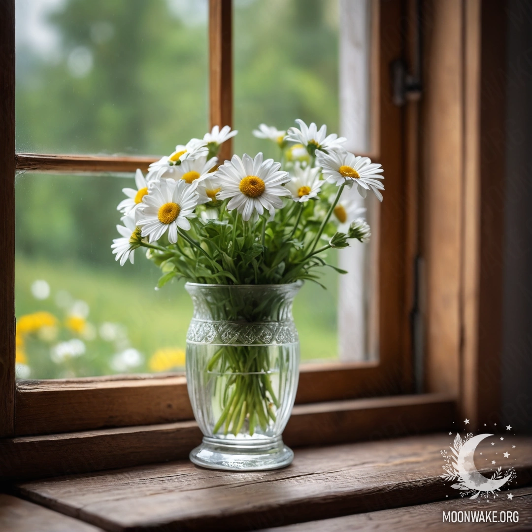 A glass vase containing daisies placed on a wooden vintage windowsill.